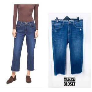 Raffello Rossi 14 Dark Blue Kira 6/8 Stitch Jeans Cropped Raw Hem $150